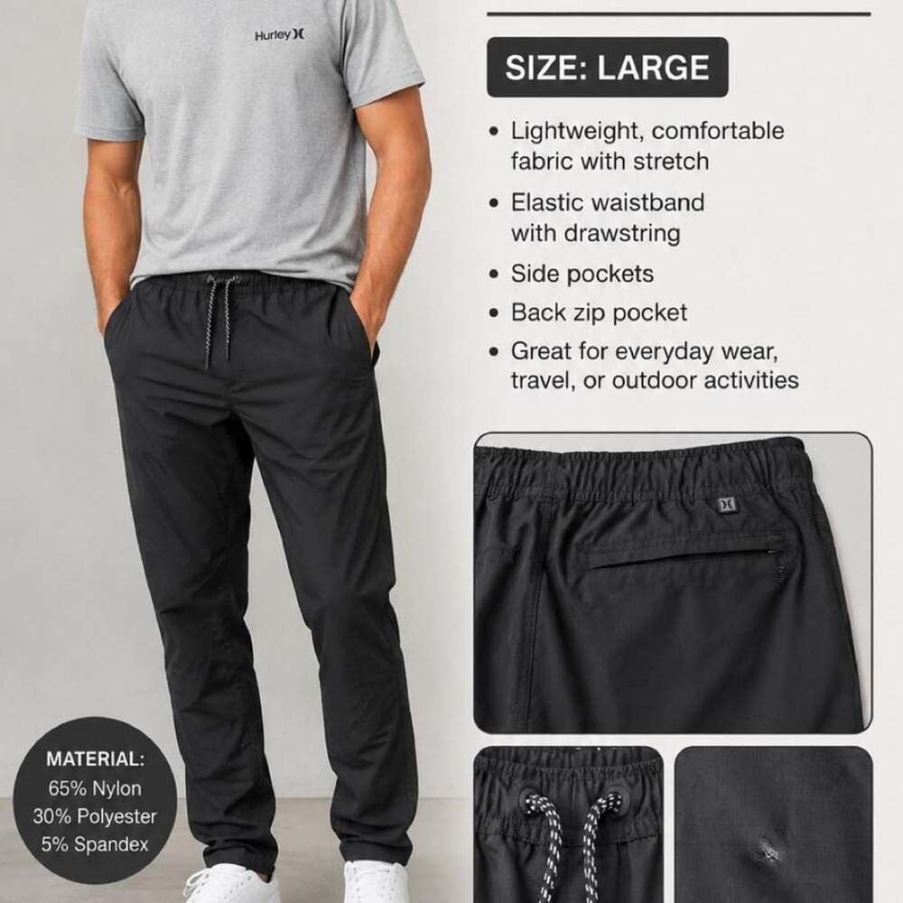 Hurley Men's Black Lightweight Athletic Jogger Pants Size Large